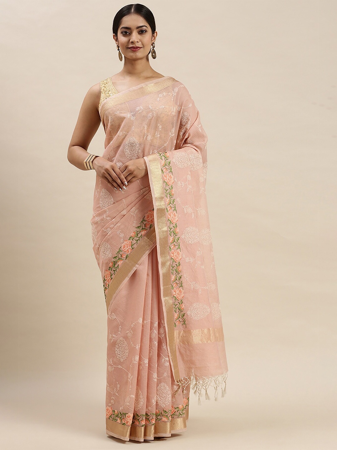 

Soch Women Peach-Coloured Pure Cotton Floral Embroidered Saree