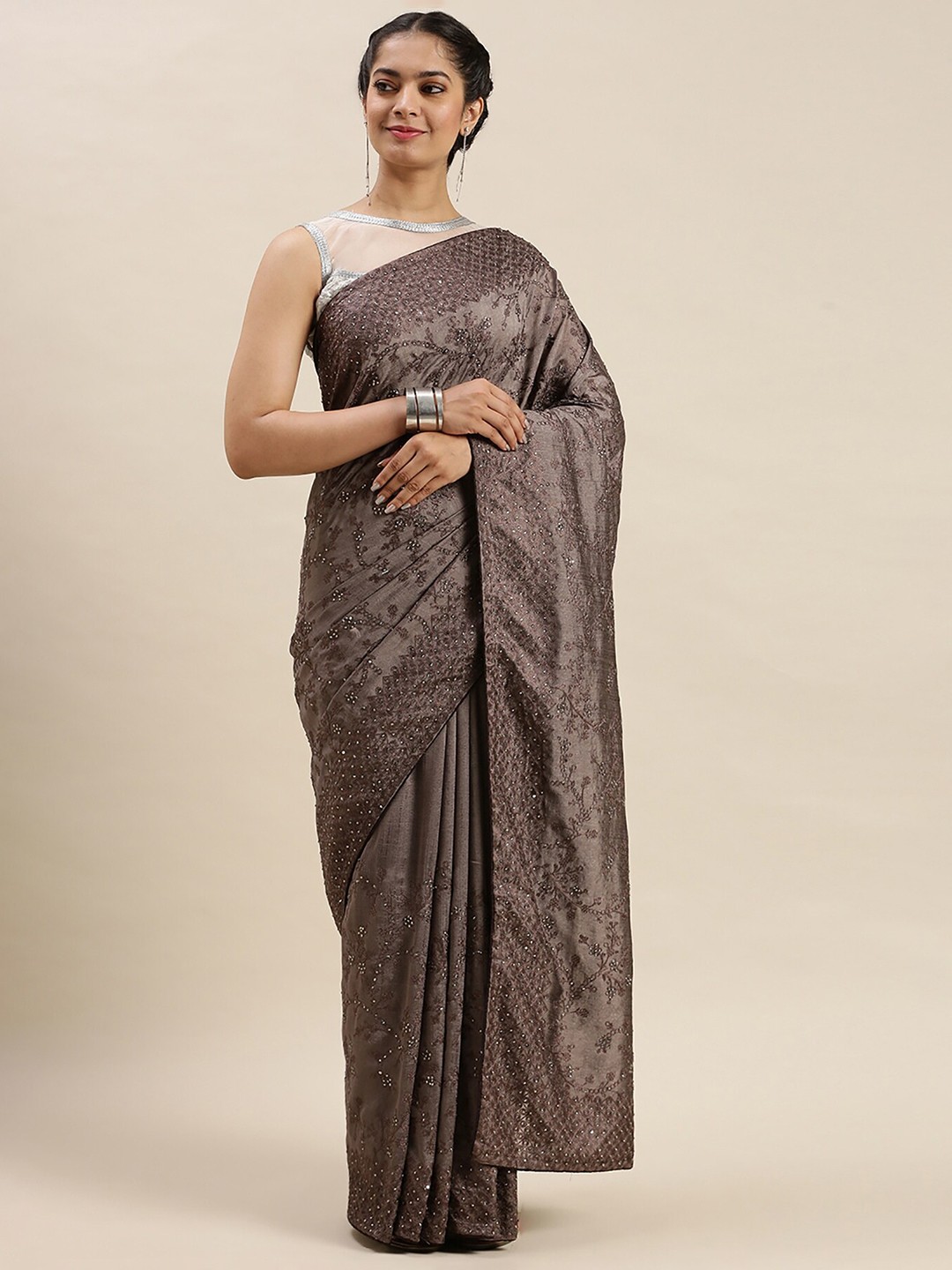

Soch Women Grey Poly Georgette Embroidered & Embellished Saree