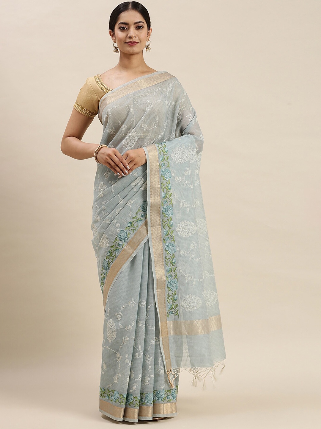 

Soch Women Blue Pure Cotton Floral Embroidered Saree