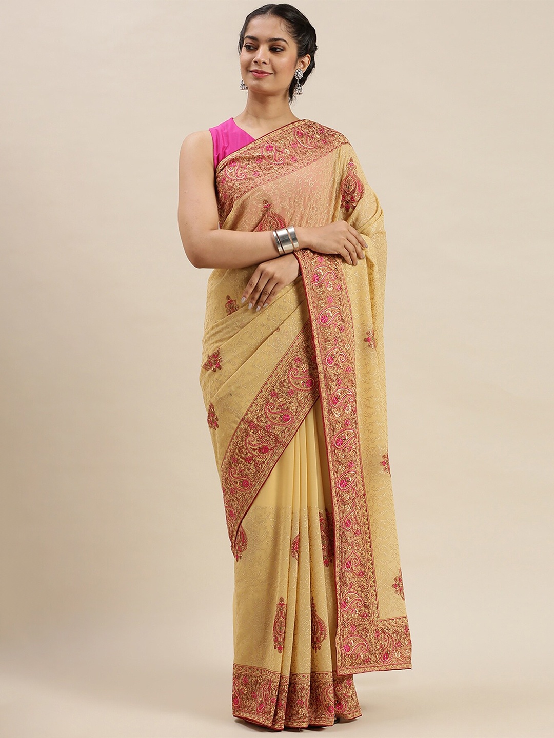 

Soch Women Beige Poly Georgette Ethnic Motifs Embroidered Saree