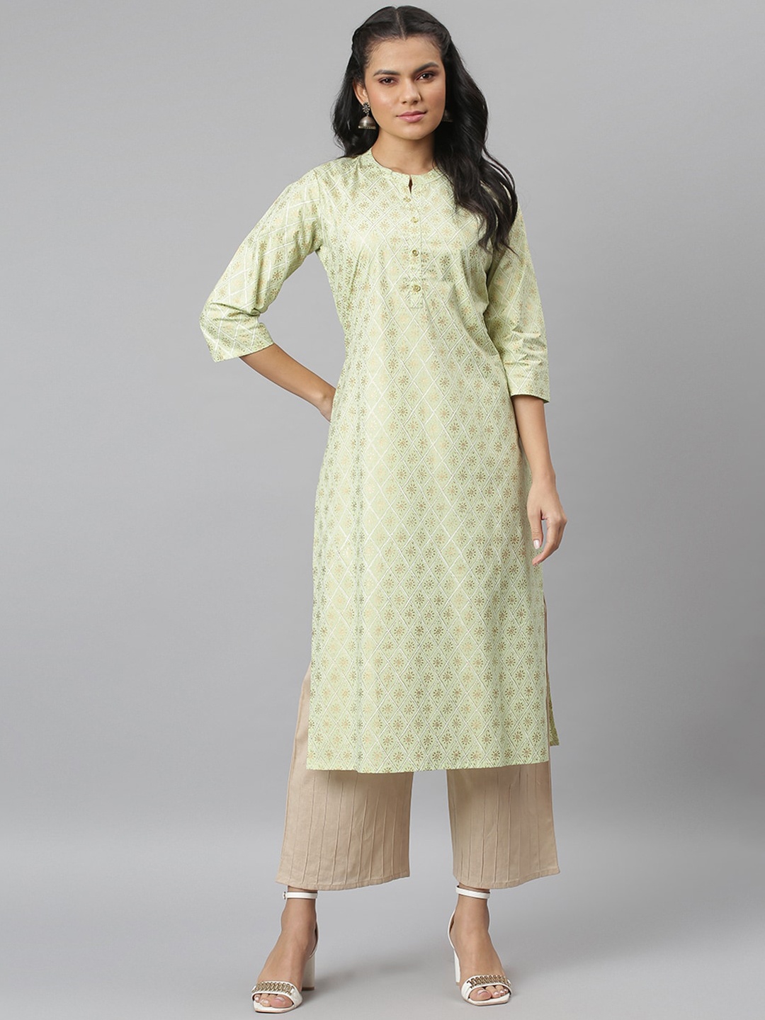 

JAIPUR ATTIRE Women Green & Gold Ethnic Motifs Foil Printed Kurta