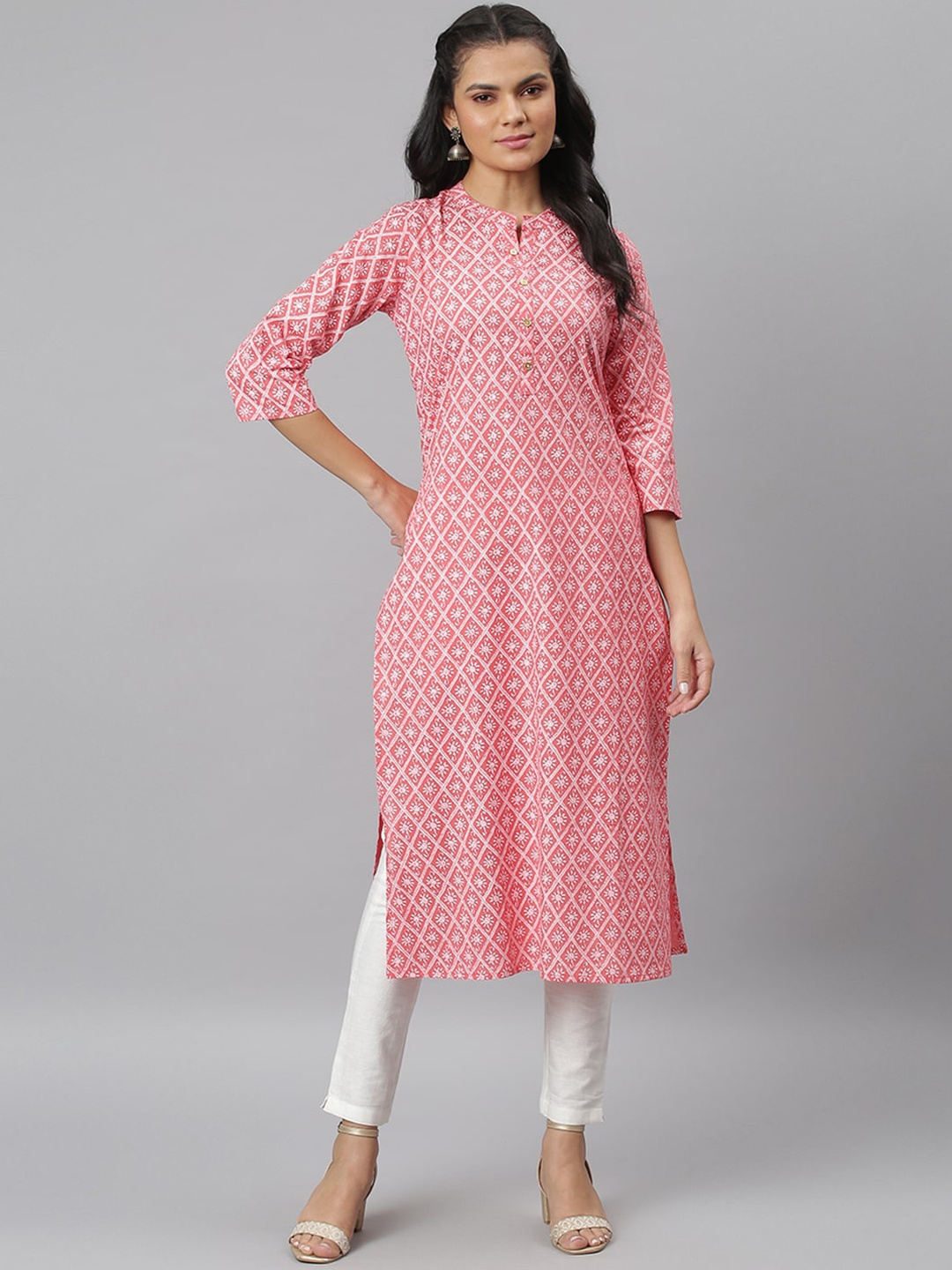 

JAIPUR ATTIRE Women Pink & White Ethnic Motifs Printed Kurta