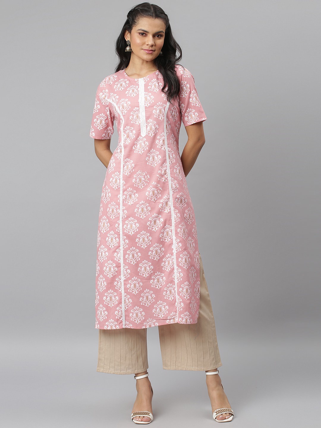 

JAIPUR ATTIRE Women Pink & White Ethnic Motifs Printed Panelled Kurta