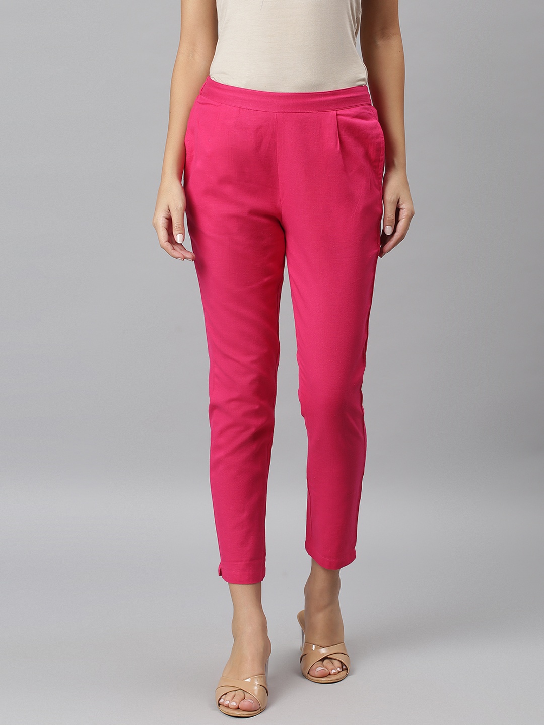 

JAIPUR ATTIRE Women Pink Pleated Cigarette Trousers