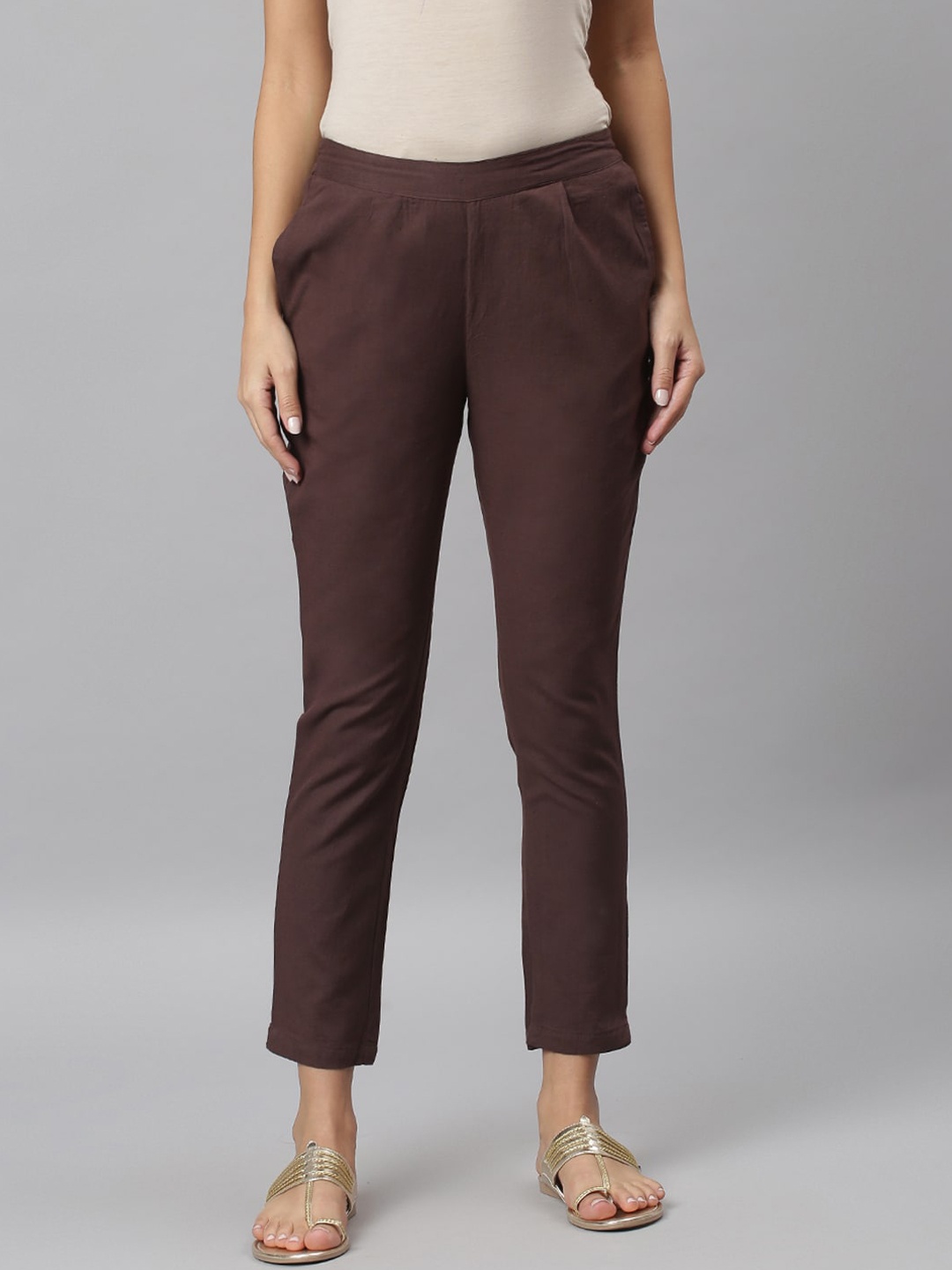 

JAIPUR ATTIRE Women Brown Solid Cigarette Trousers
