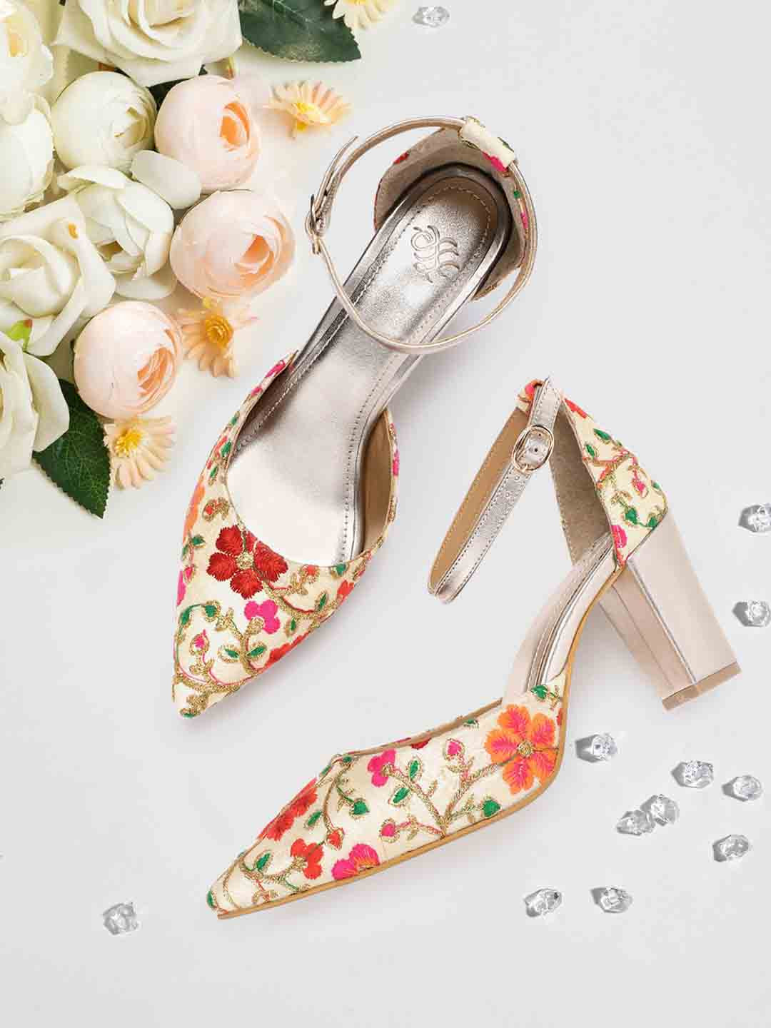 

House of Pataudi Cream-Coloured & Orange Embroidered Mid-Top Ethnic Block Heel Pumps