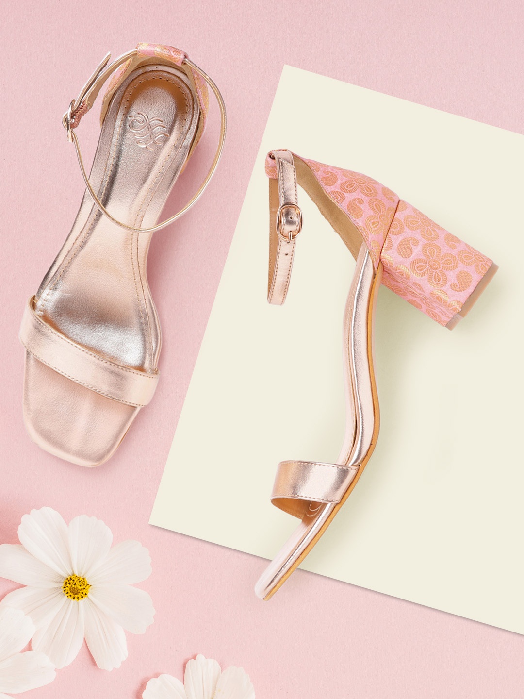 

House of Pataudi Pink & Gold-Toned Woven Design Handcrafted Block Heels