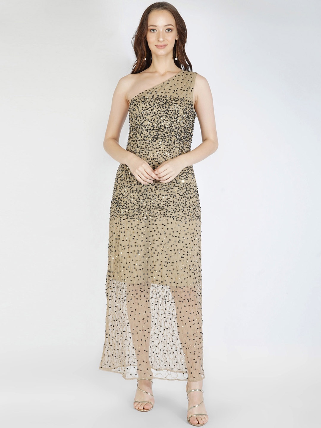 

ATTIC SALT Women Beige Sequinned One Shoulder Maxi Dress