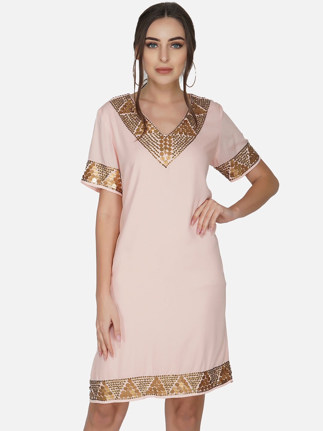 

ATTIC SALT Women Peach-Coloured & Gold-Toned Embellished A-Line Dress