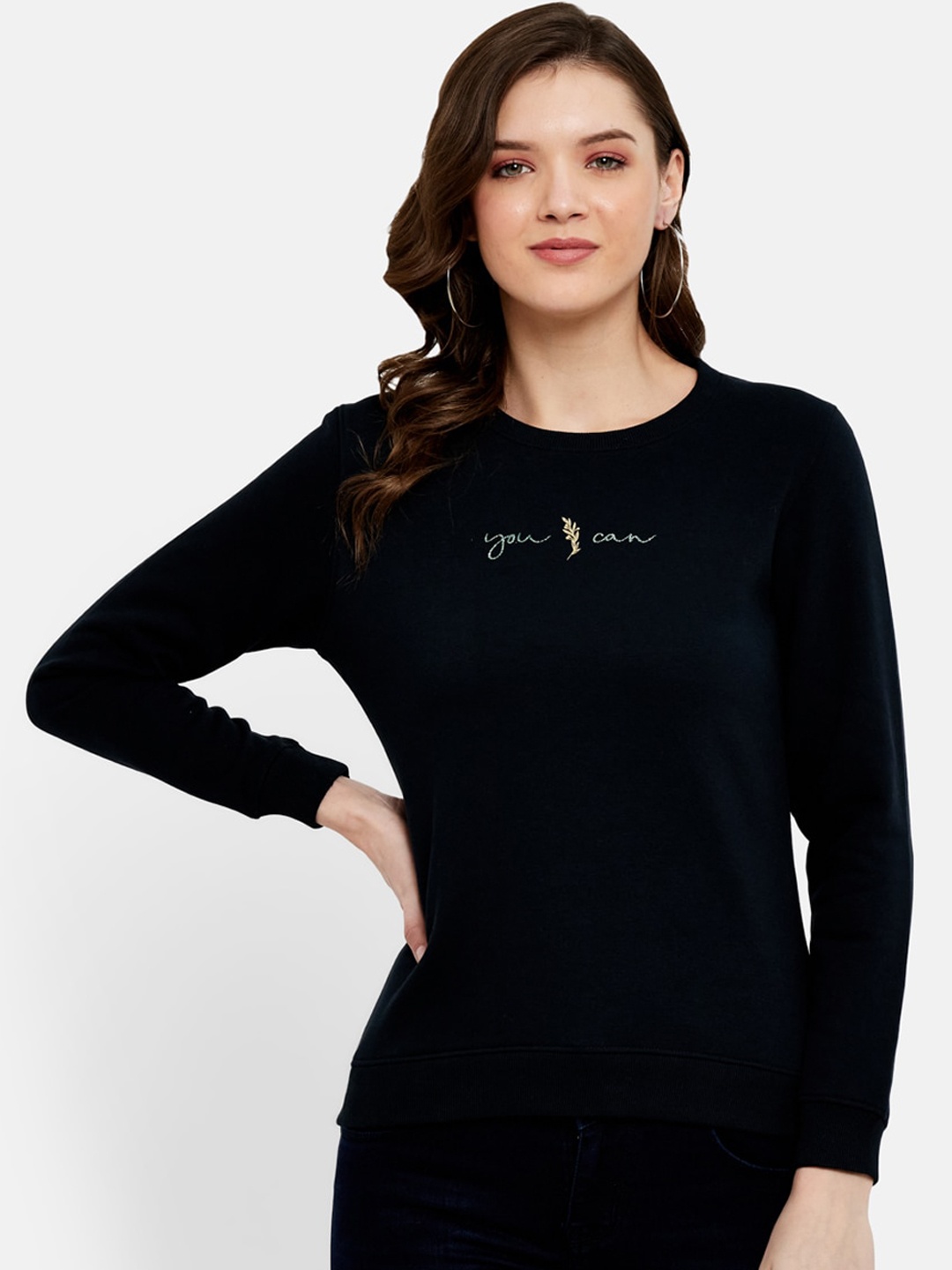 

METTLE Women Navy Blue Solid Fleece Sweatshirt