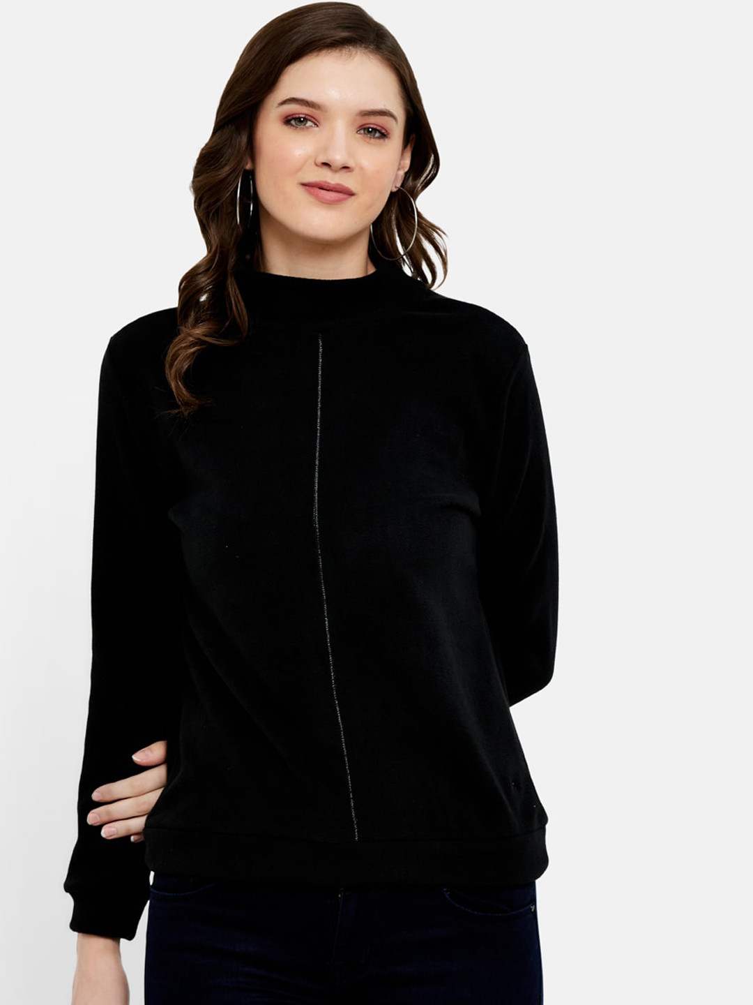 

METTLE Women Black Solid Front-Open Sweatshirt