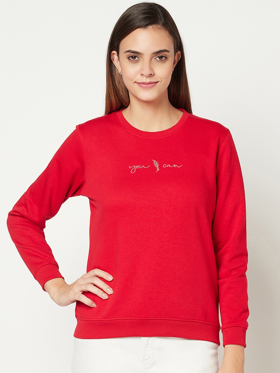 

METTLE Women Red Solid Fleece Sweatshirt