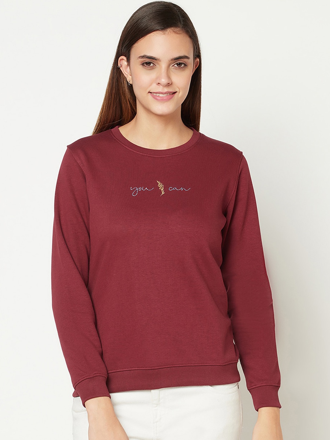 

METTLE Women Maroon Solid Fleece Sweatshirt