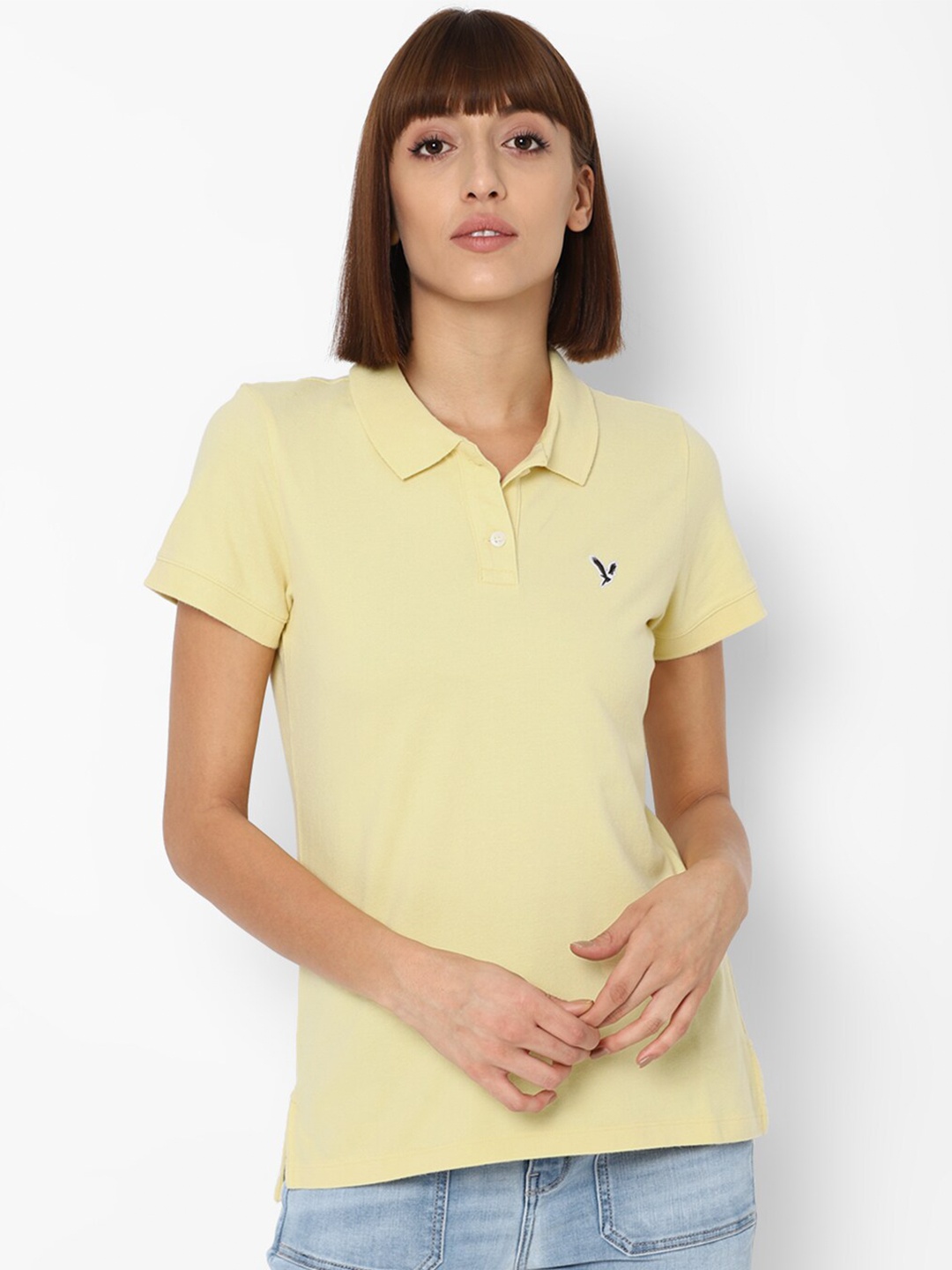 

AMERICAN EAGLE OUTFITTERS Women Yellow Polo Collar T-shirt