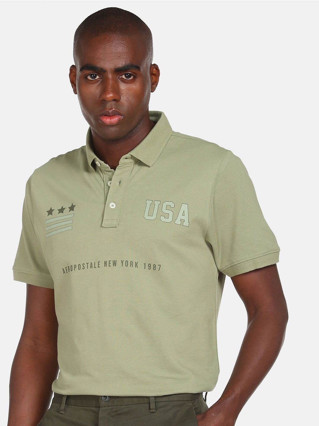 

Aeropostale Men Green Typography Printed Polo Collar T-shirt