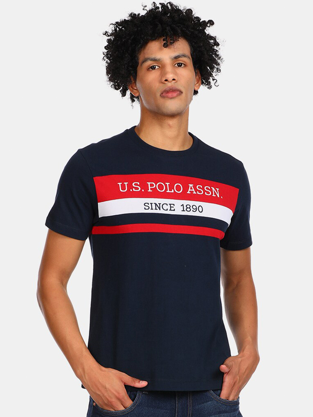 

U S Polo Assn Men Blue Brand Logo Printed Pure Cotton T-shirt