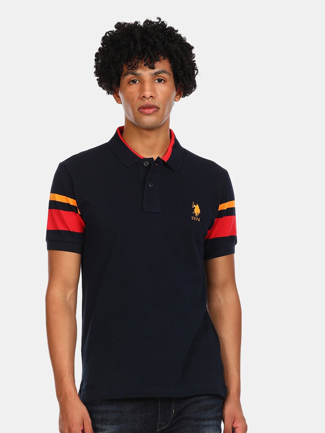

U S Polo Assn Men Navy Blue Polo Collar Applique Pure Cotton T-shirt