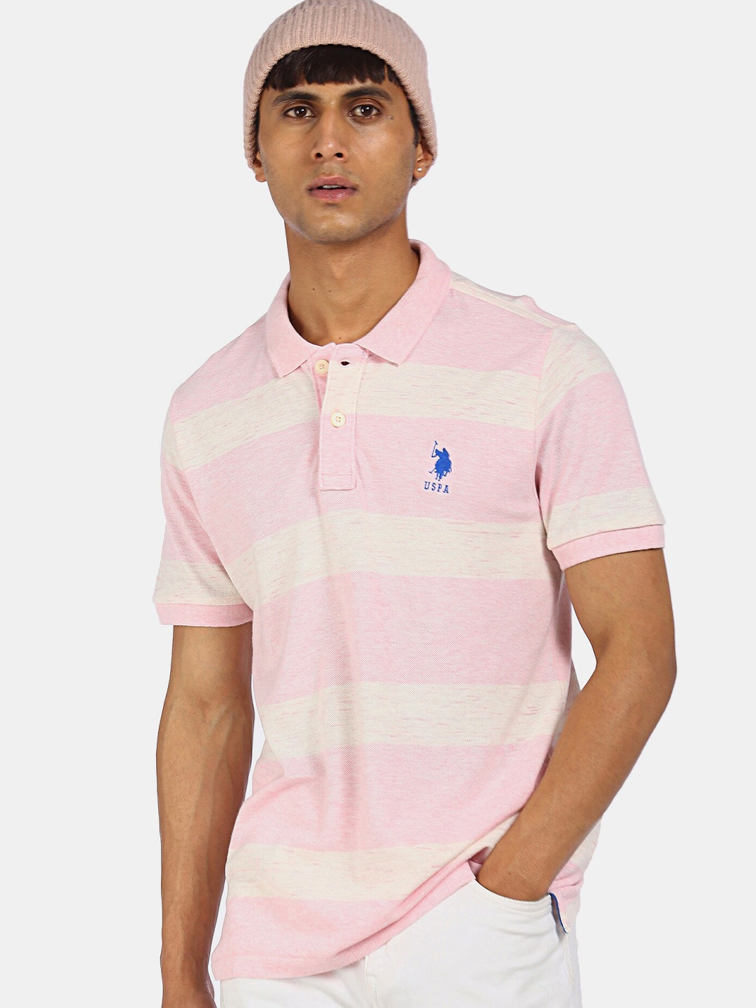 

U S Polo Assn Men Pink Beige Striped Polo Collar Cotton Pure Cotton T-shirt