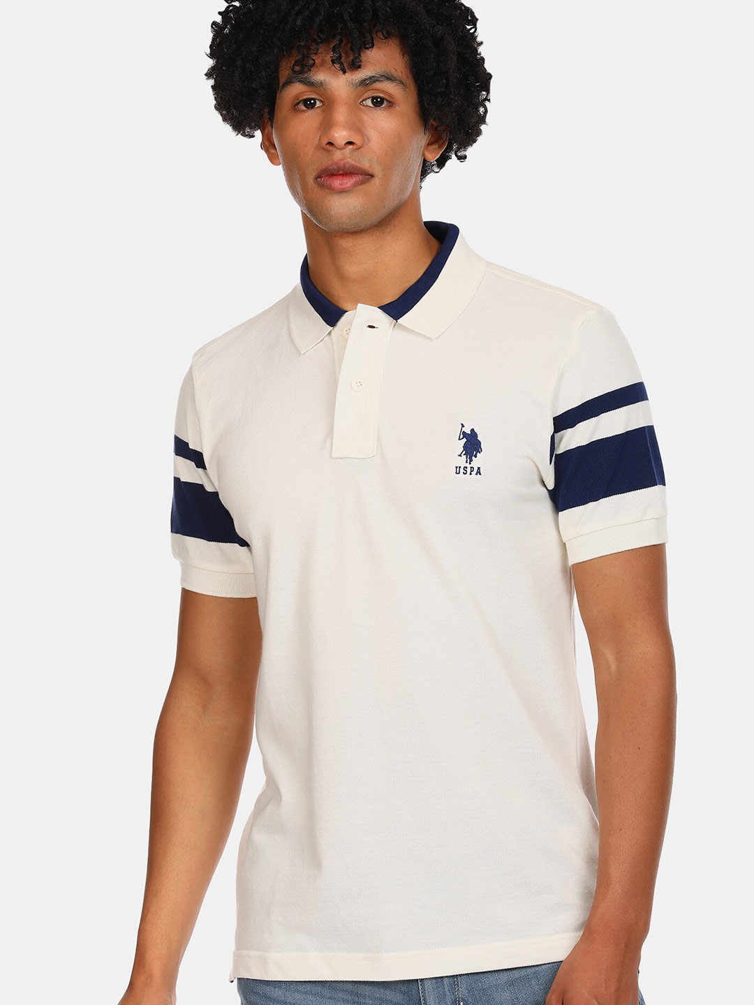 

U S Polo Assn Men Off White Polo Collar Cotton Pure Cotton T-shirt