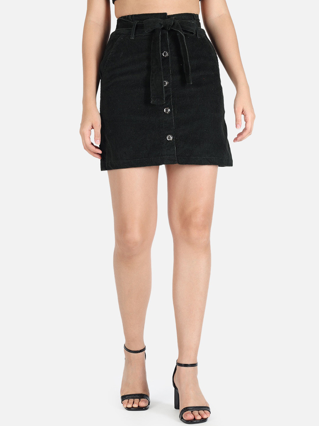 

The Dry State Women Black Solid A-Line Denim Skirt
