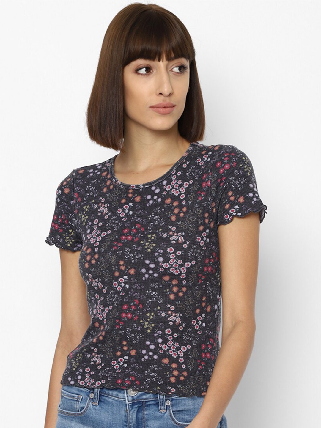 

AMERICAN EAGLE OUTFITTERS Women Charcoal Grey Floral Printed Slim Fit T-shirt