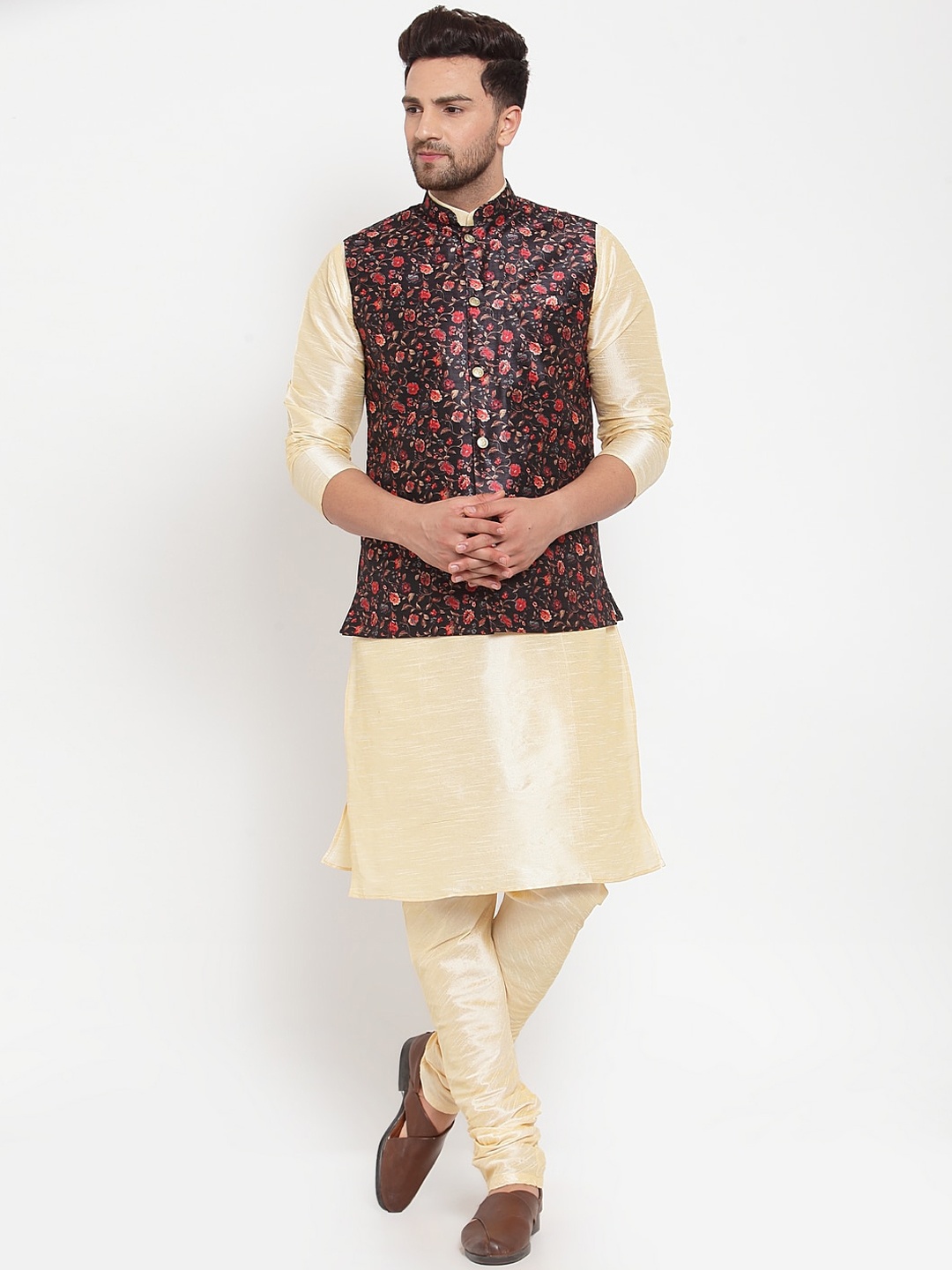 

KRAFT INDIA Men Beige Regular Dupion Silk Kurta & Churidar With Printed Nehru Jacket