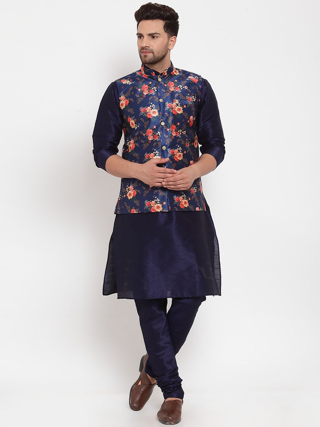 

KRAFT INDIA Dupion Silk Kurta with Churidar & Printed Nehru Jacket, Navy blue