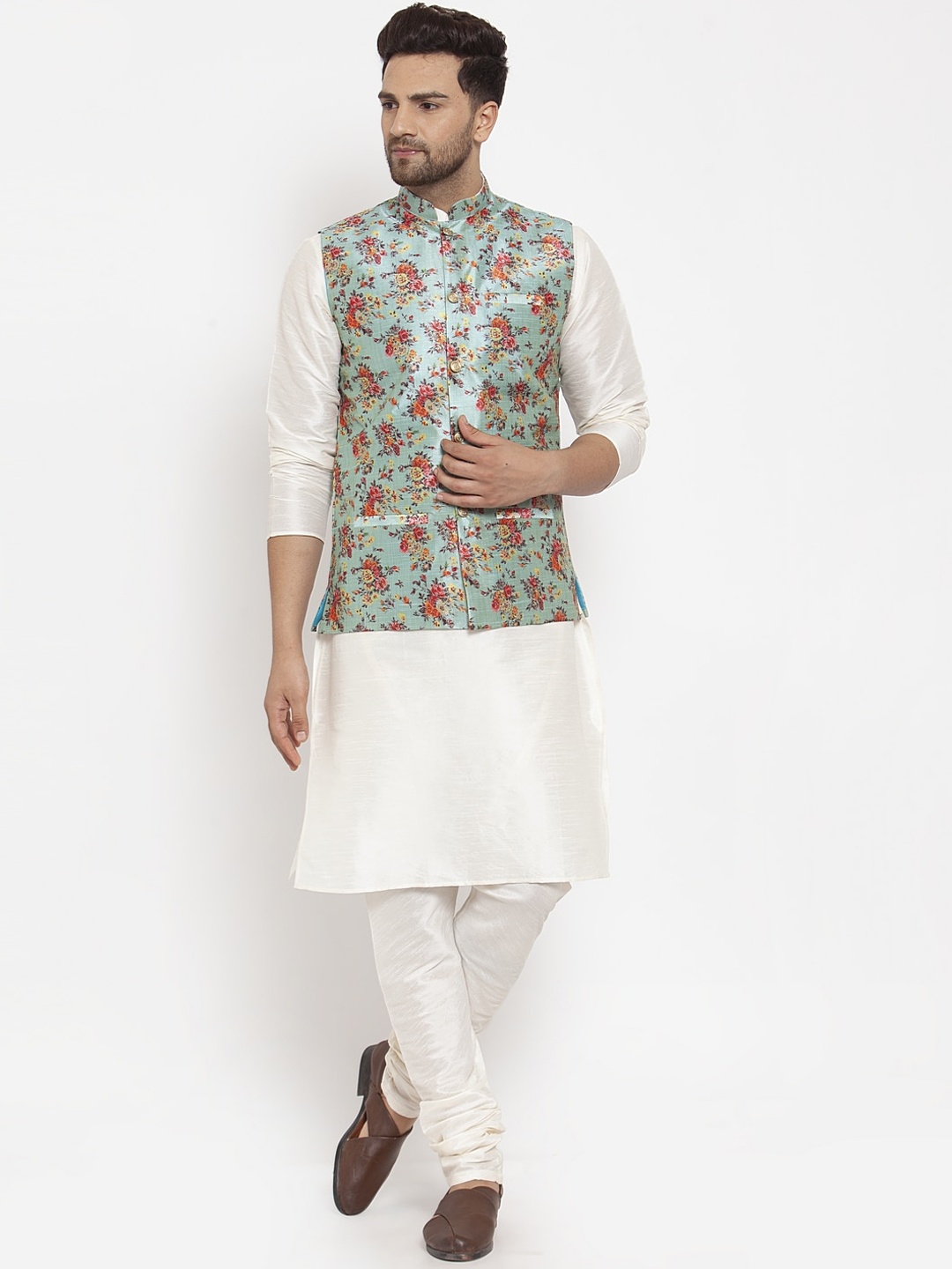 

KRAFT INDIA Men Kurta with Churidar & Printed Nehru Jacket, Cream