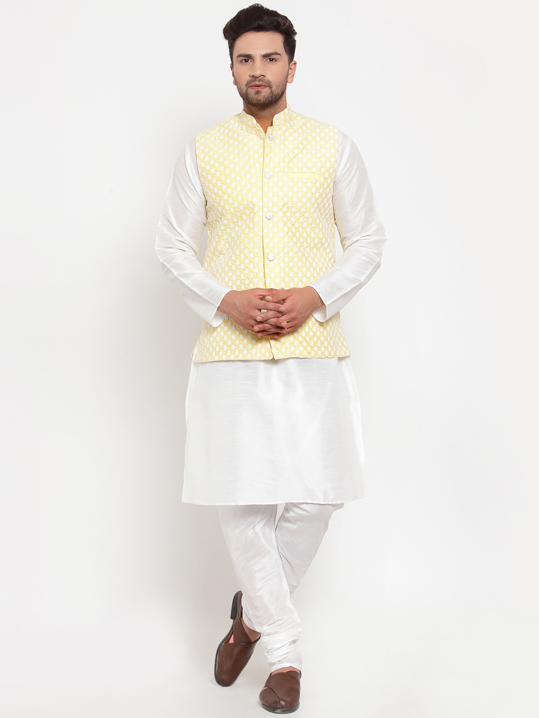 

KRAFT INDIA Men White & Yellow Regular Dupion Silk Kurta Set with Nehru Jacket