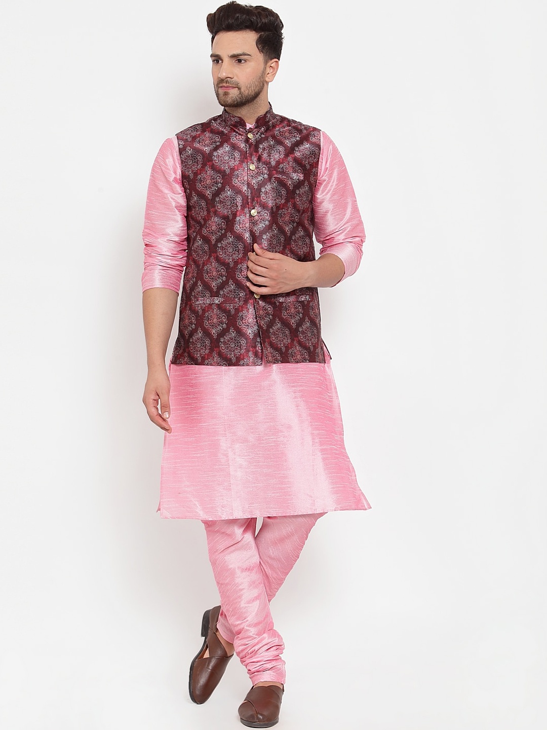 

KRAFT INDIA Men Pink & Maroon Printed Kurta With Churidar & Nehru Jacket