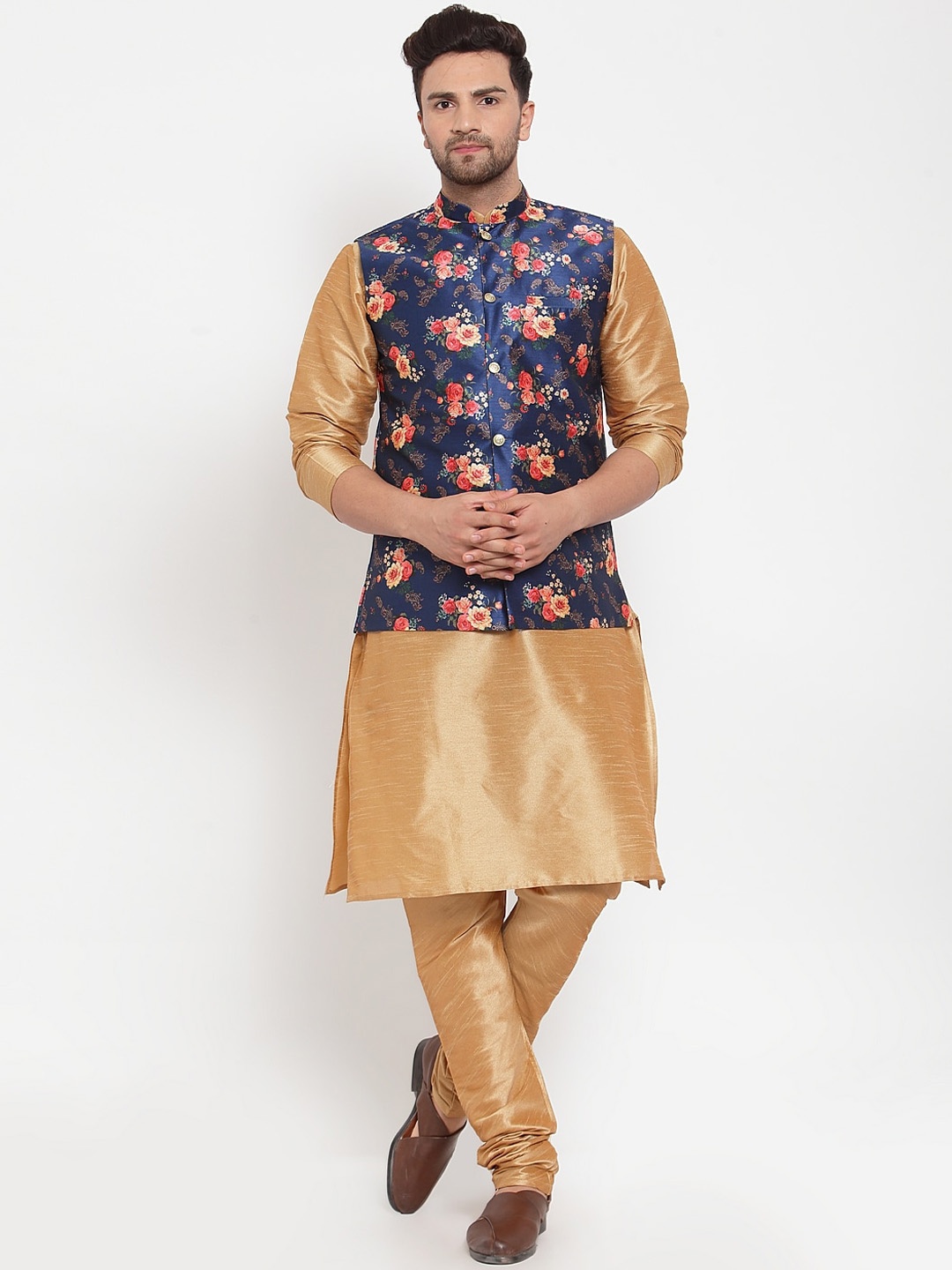 

KRAFT INDIA Men Gold-Toned & Blue Regular Dupion Silk Kurta Set with Nehru Jacket