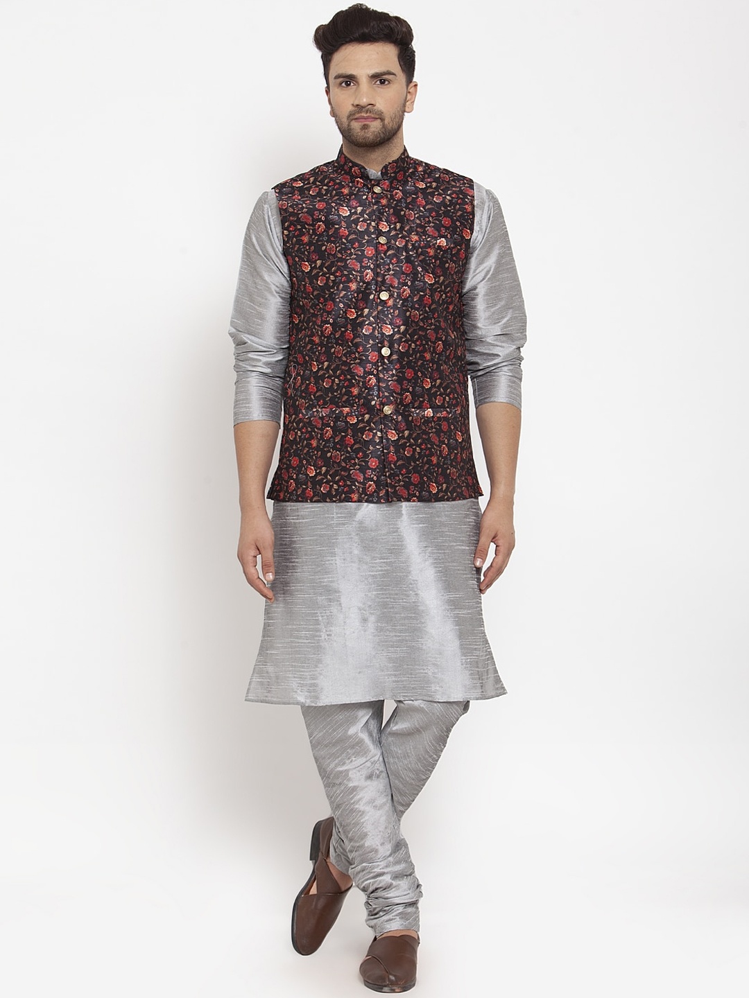 

KRAFT INDIA Men Silver-Toned Dupion Silk Kurta with Churidar & Printed Nehru Jacket
