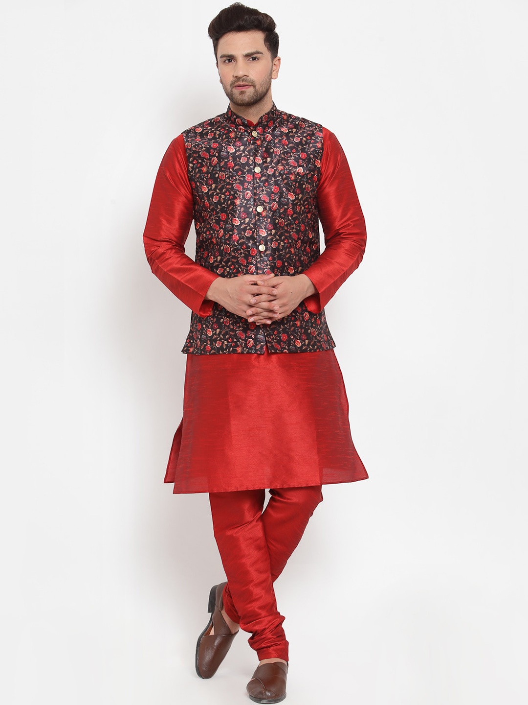 

KRAFT INDIA Men Red & Black Printed Kurta With Churidar & Printed Nehru Jacket