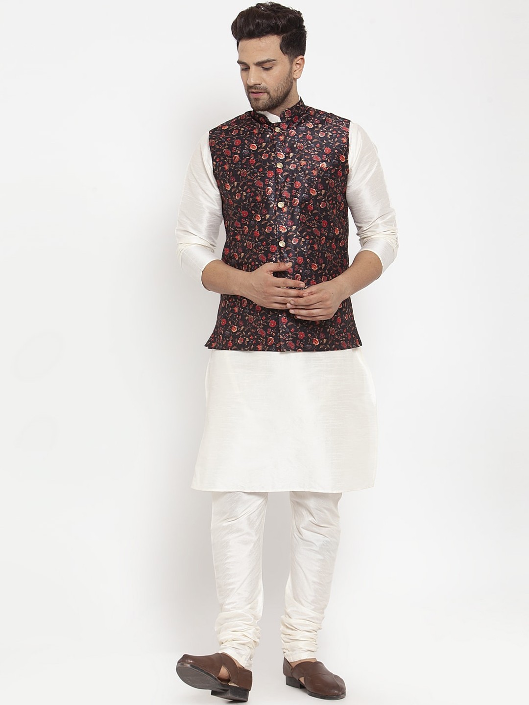 

KRAFT INDIA Men Kurta with Churidar & Printed Nehru Jacket, Cream