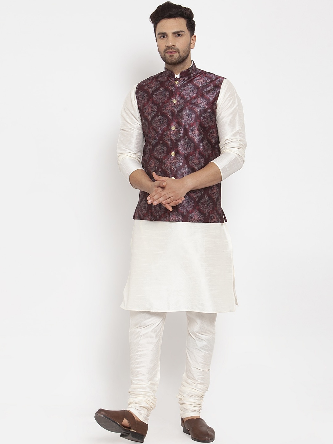 

KRAFT INDIA Dupion Silk Kurta with Churidar & Printed Nehru Jacket, Cream