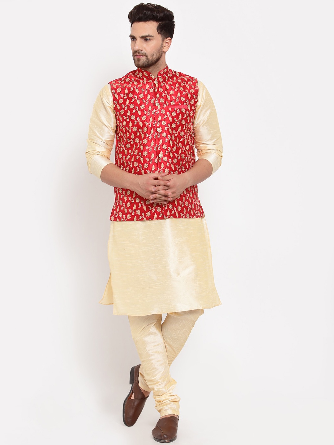 

KRAFT INDIA Men Kurta with Churidar & Embroidered Nehru Jacket, Beige