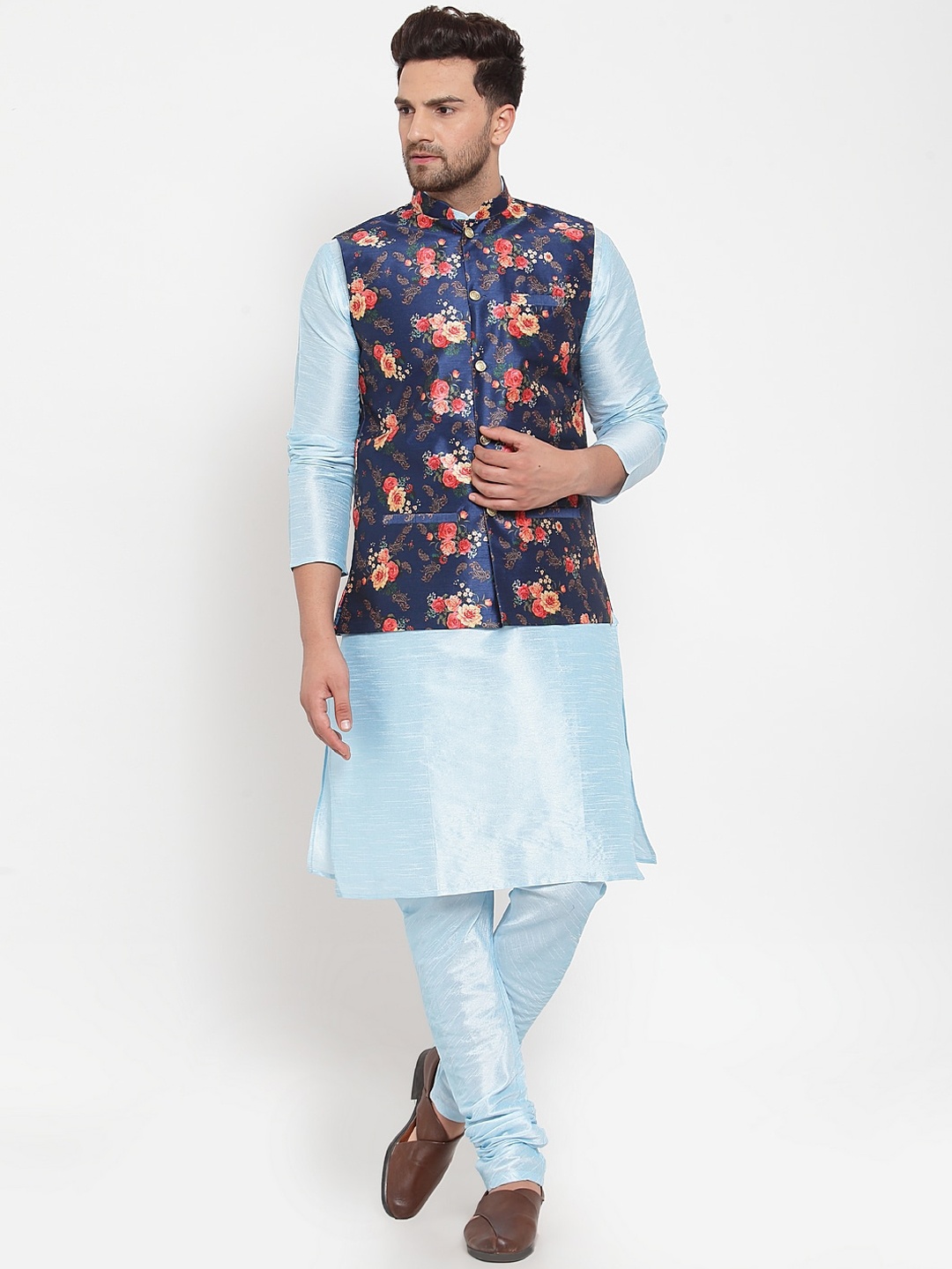 

KRAFT INDIA Men Turquoise Blue Ethnic Motifs Printed Kurta with Pyjamas & Nehru Jacket