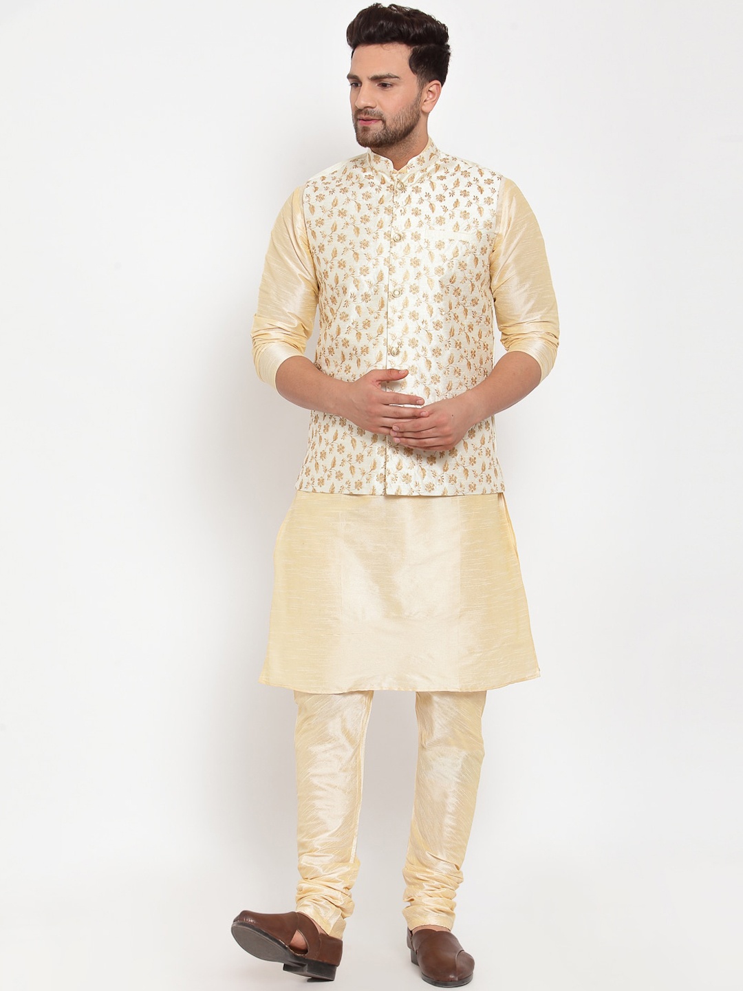 

KRAFT INDIA Kurta with Churidar & Printed Nehru Jacket, Beige