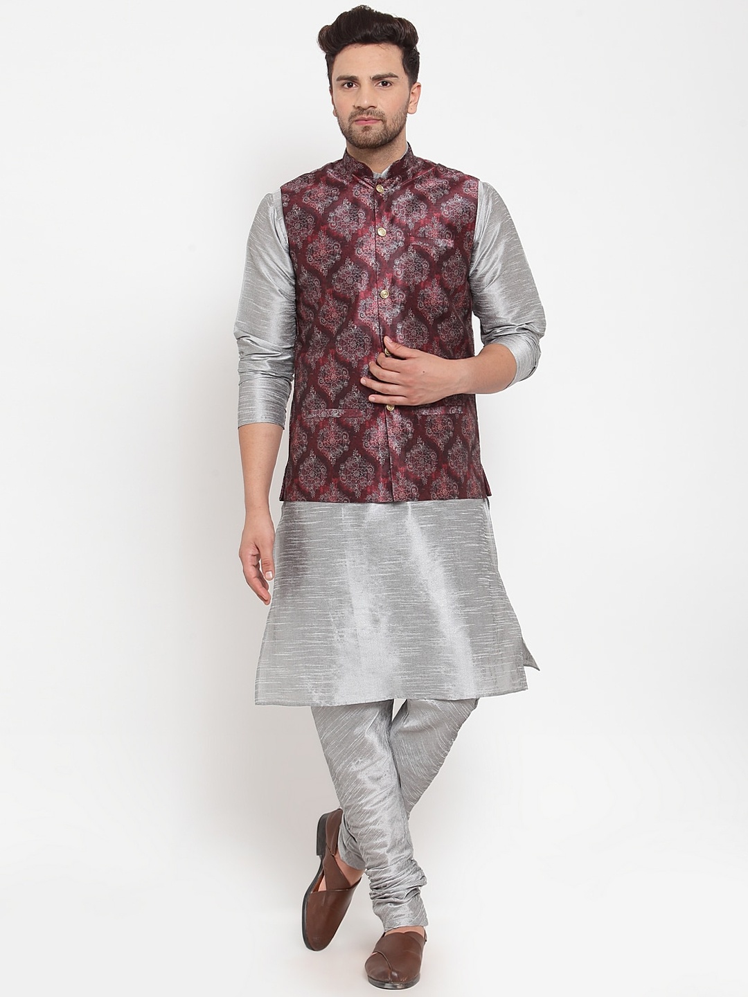 

KRAFT INDIA Silver Kurta & Churidar with Printed Nehru Jacket