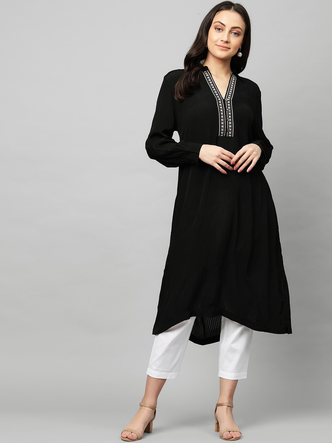 

Modern Indian by CHEMISTRY Women Black Embroidered Kurta with Trousers