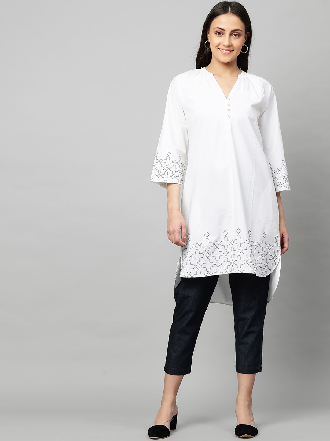 

Modern Indian by CHEMISTRY Women White Embroidered Cotton Kurta with Trousers