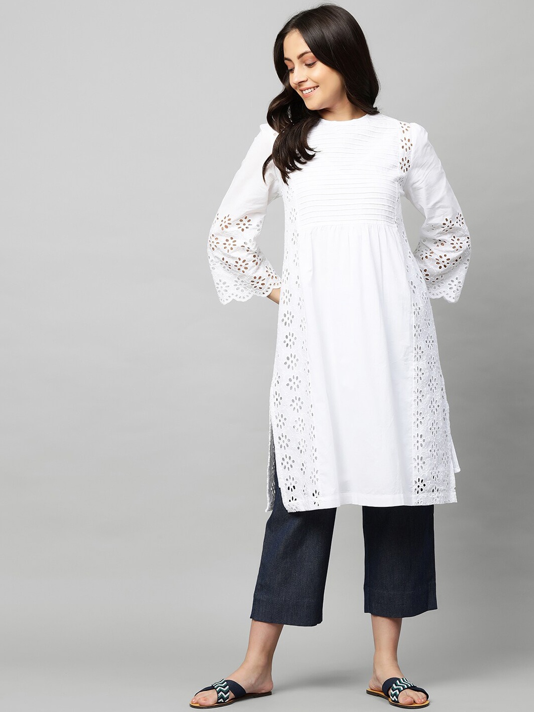 

Modern Indian by CHEMISTRY Women White Schiffli Pleated Pure Cotton Kurta with Palazzos