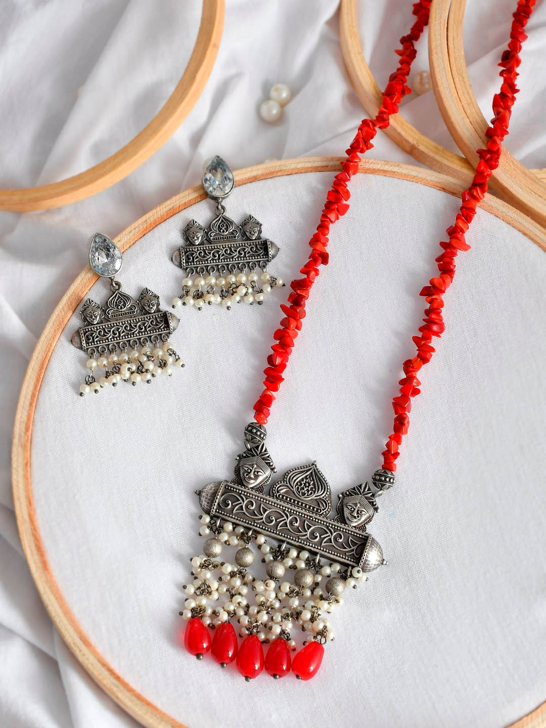 

Infuzze Oxidised Sliver-Plated Red Stone-Studded Jewellery Set, Silver