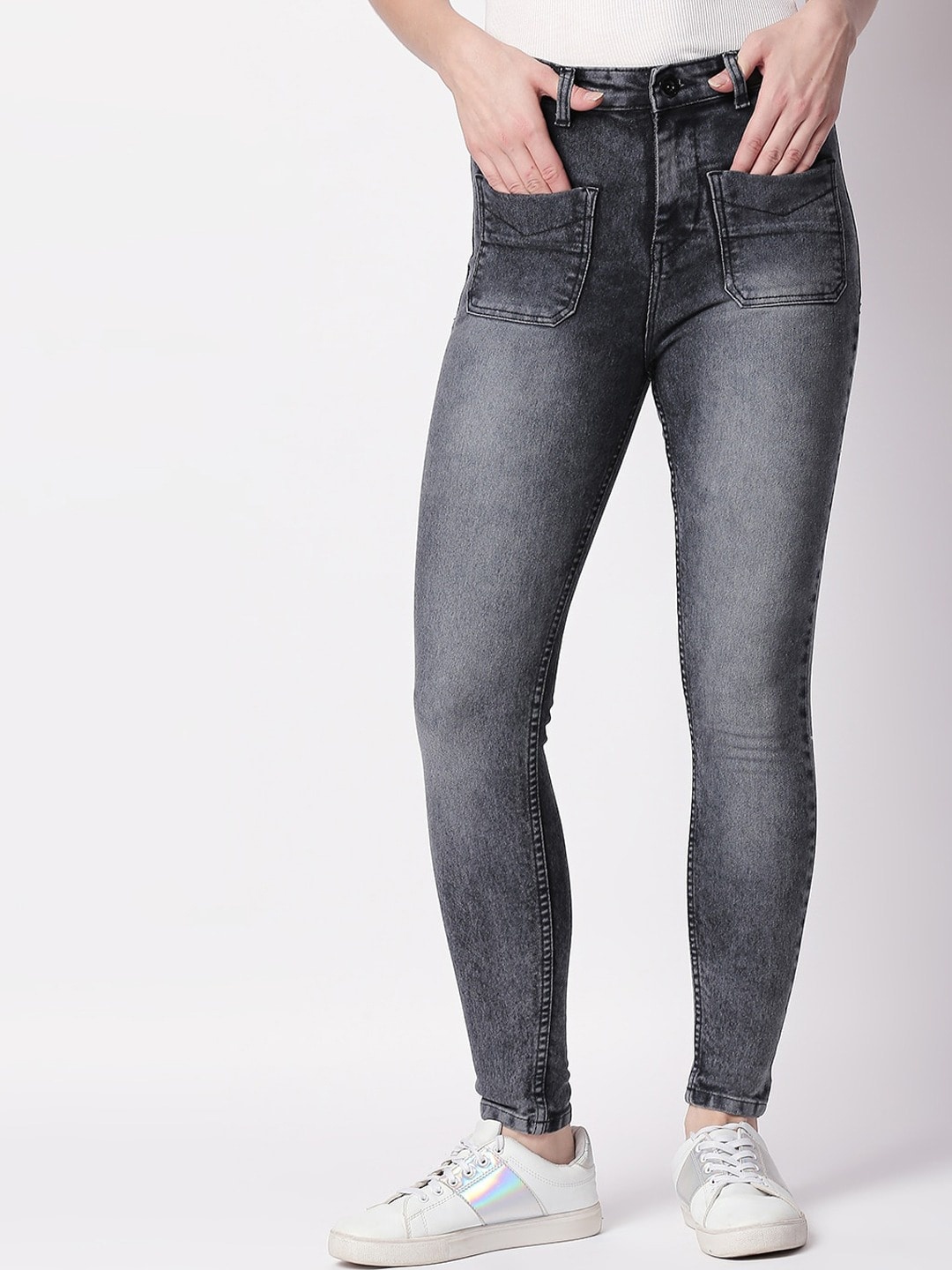 

High Star Women Charcoal Slim Fit High-Rise Heavy Fade Jeans