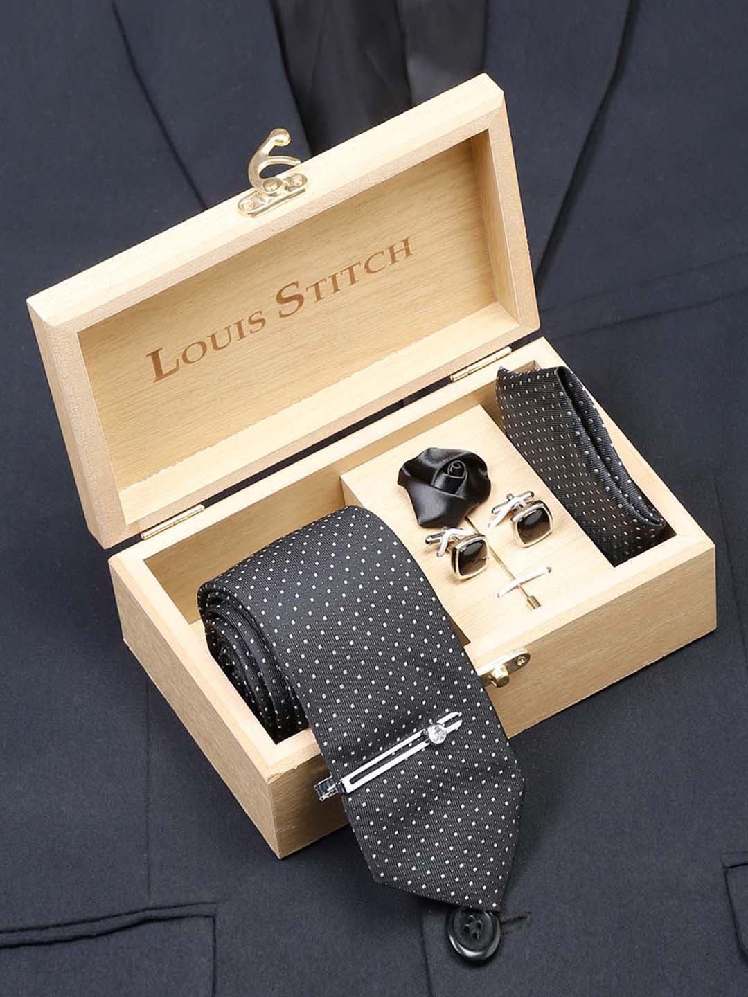 

LOUIS STITCH Men Polka Black Italian Silk Necktie Accessory Gift Set