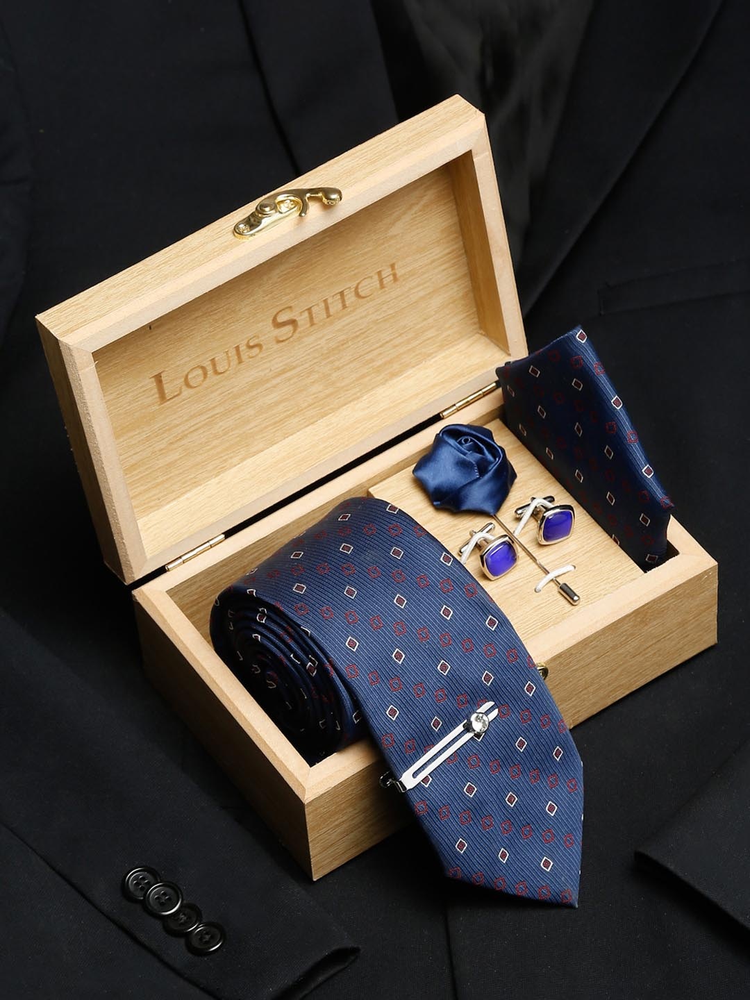 

LOUIS STITCH Men Italian Silk Necktie Accessory Gift Set, Navy blue