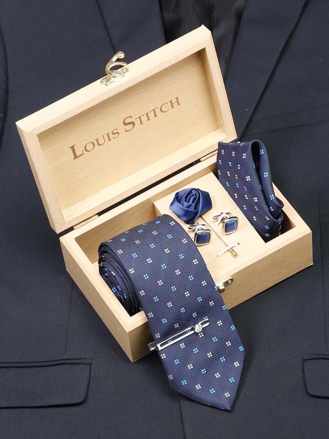 

LOUIS STITCH Men's Royal Blue Italian Silk Necktie Accessory Gift Set, Navy blue