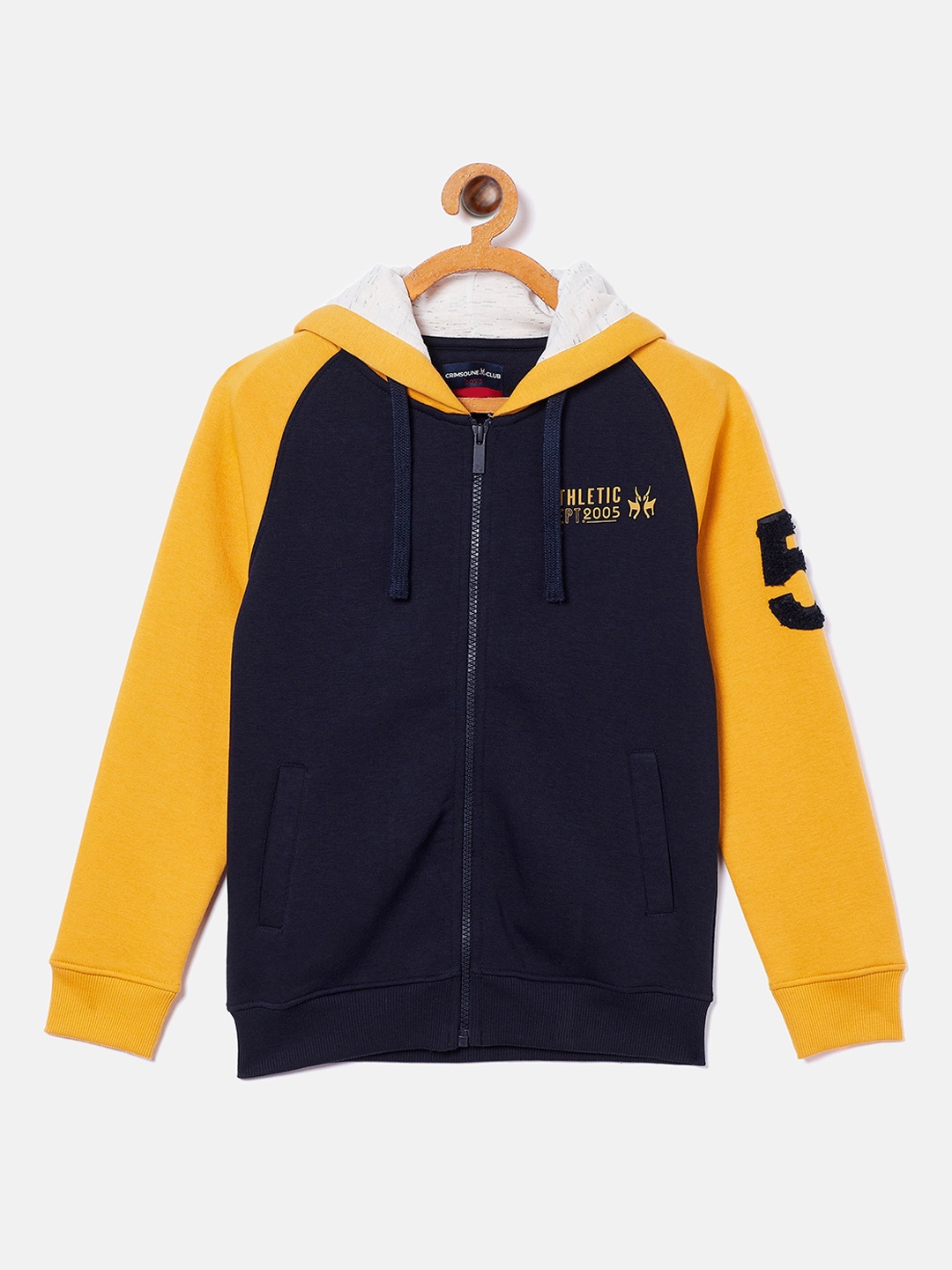 

Crimsoune Club Boys Yellow and Navy Blue Colourblocked Hooded Sweatshirt