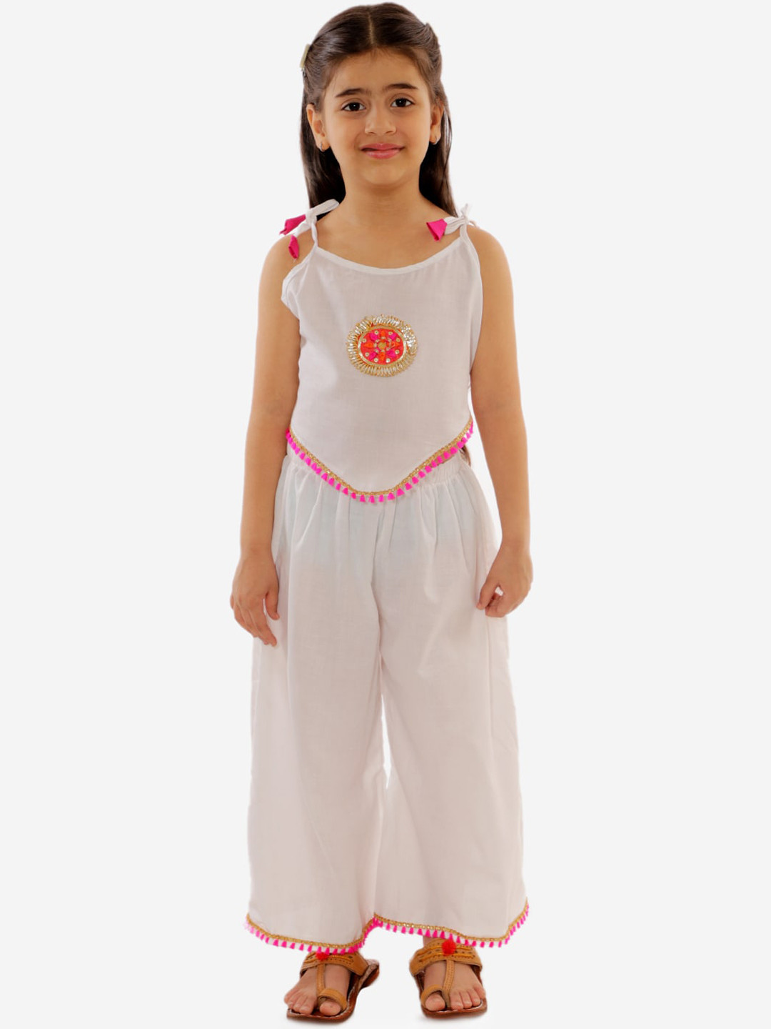 

Chipbeys Girls White Regular Pure Cotton Top with Palazzos
