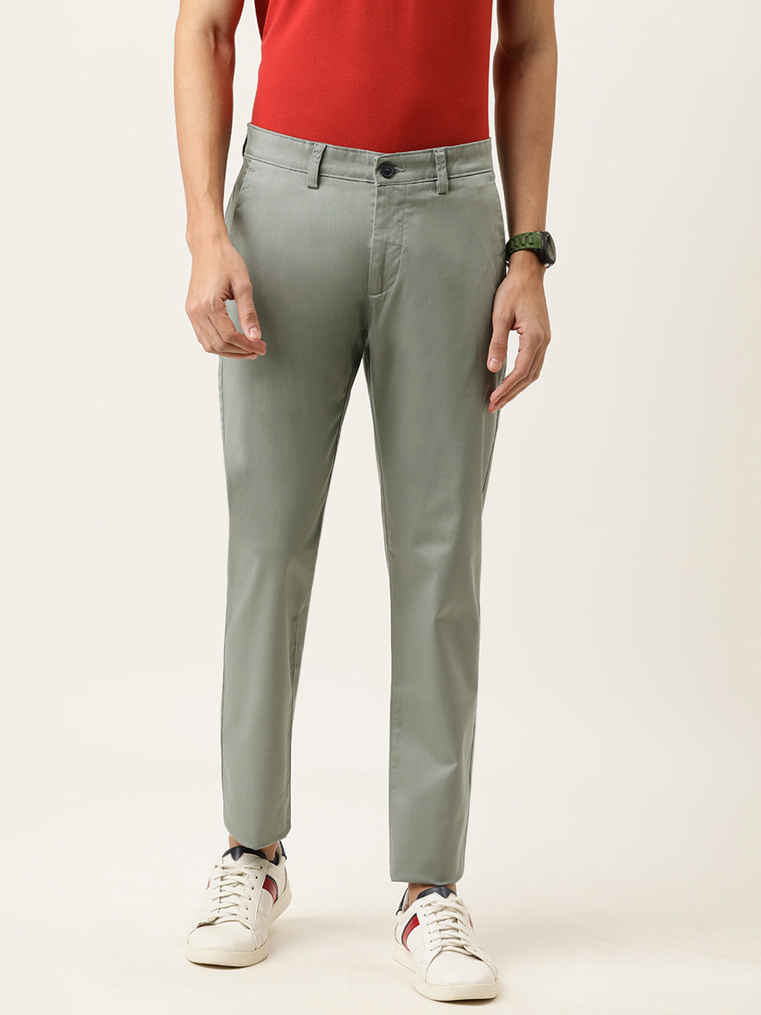 

Peter England Casuals Men Grey Solid Slim Fit Regular Trousers
